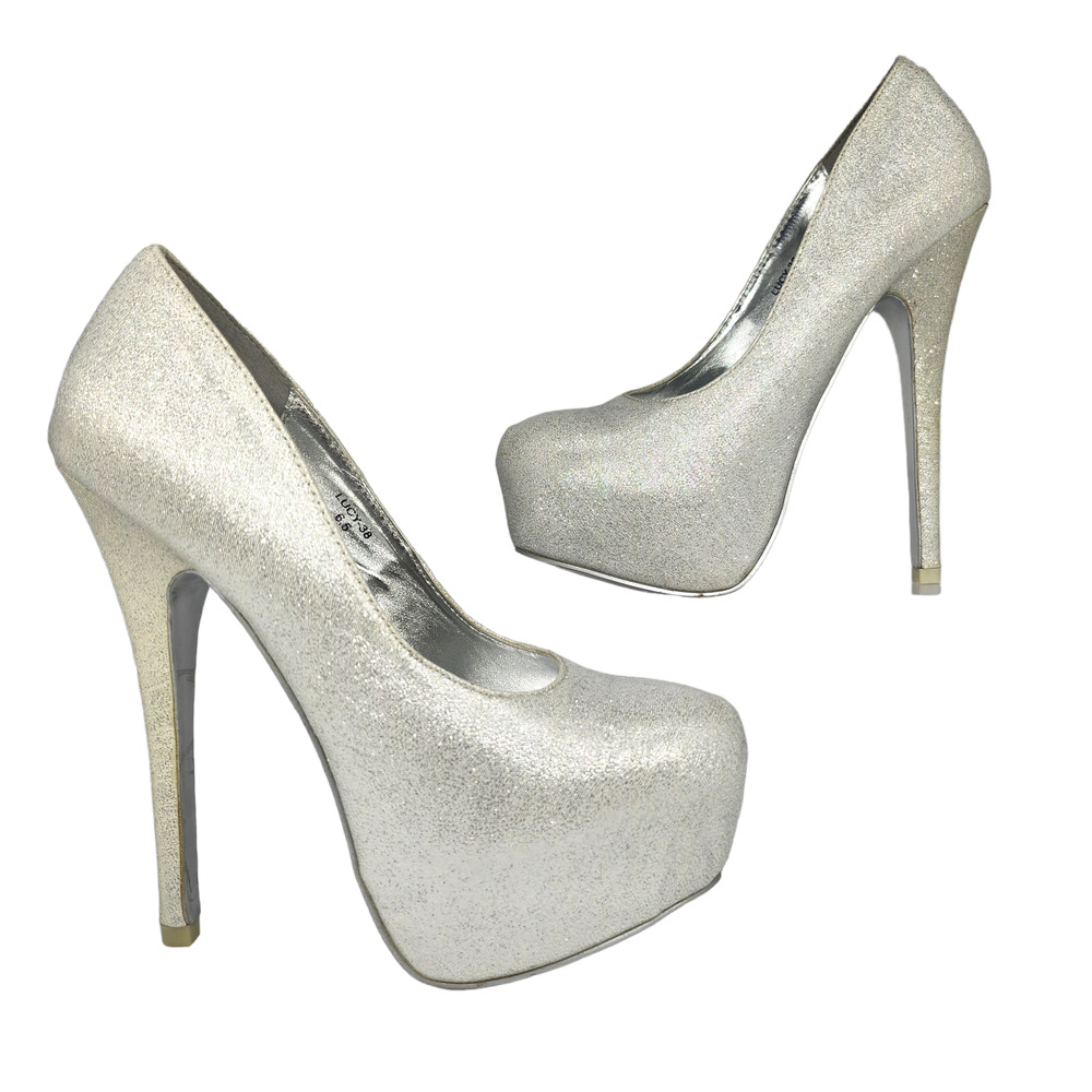 Mascotte Heels 6.5 Platform Silver White Iridescent Sparkly Chunky High Stiletto